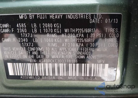 2013 Subaru Outback 2.5I Limited z USA, uszkodzony, nr VIN 4S4BRCKC3D3278186